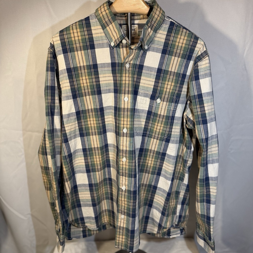 L.L.Bean Plaid Button Down Shirt Mens L Traditional Fit 98% Cotton Blue Green